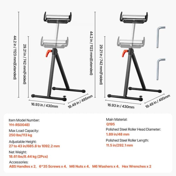 2-Pack Rullstativ, Max Belastning 250 lb, Justerbar 27-43 Tum, Perfekt för Träbearbetning