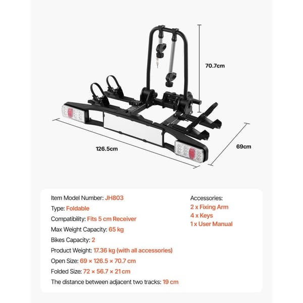 Cykelstativ til 2 cykler, Foldbar Hitch Cykelholder, Passer til 5 cm modtagere