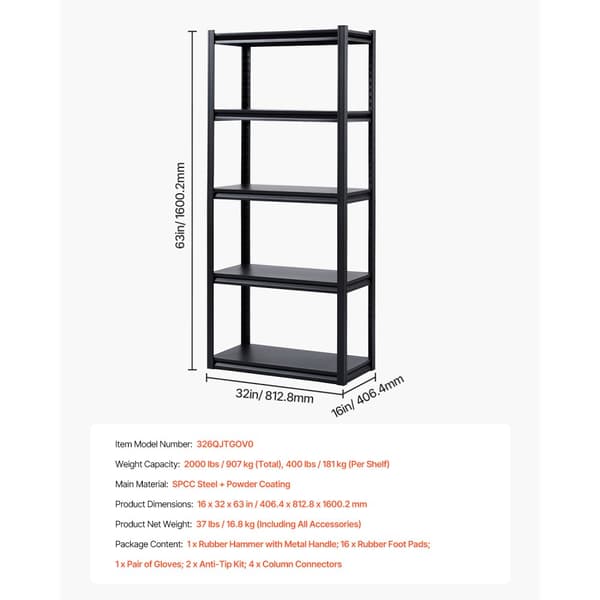 Opbevaringshylder 40cm D x 81cm B x 160cm H, 5-lags, Garageopbevaringsreoler, Robust Konstruktion