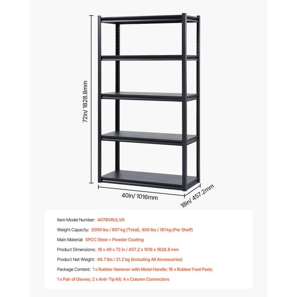 Opbevaringshylder 45x101x183cm, Garageopbevaringsreoler, 5-lags, Robust Design, Nem Monteringsproces