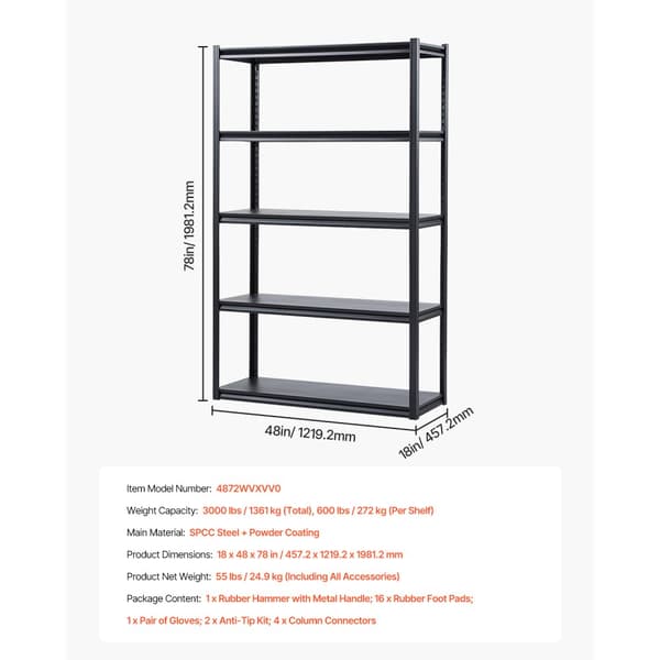 Opbevaringshylder 18 D x 48 B x 78 H, 5-niveauer Garageopbevaringsreoler, Robust Konstruktion