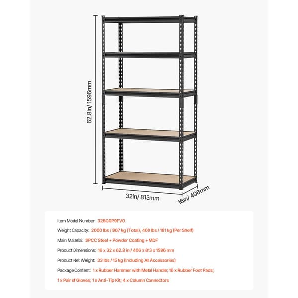 Opbevaringshylder 16 D x 32 B x 62,8 H, 5-Lags Garageopbevaringsreoler, Robust Design, Maks Belastning