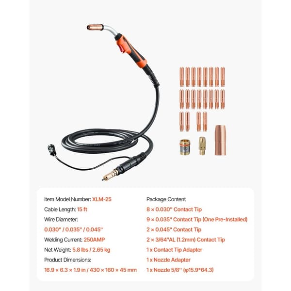 250Amp Mig svejsepistol, 15FT kabel, Til 0,030, 0,035 & 0,045 ledninger
