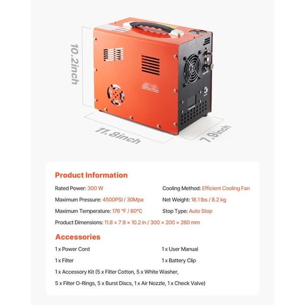 PCP Luftkompressor 4500PSI, Auto-Stop Airgun Kompressor, Indbygget Konverter