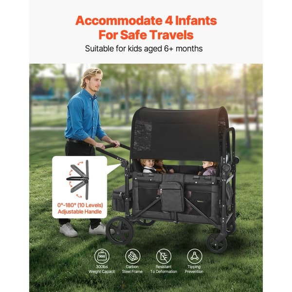 Fyrabarnsvagn Push Pull Quad, Hopfällbar Camping Barnvagn, 4-sätes vagnvagn