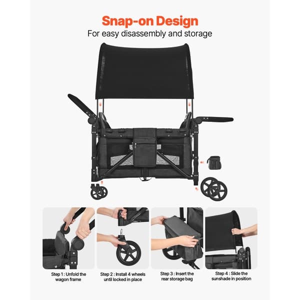 Fyrabarnsvagn Push Pull Quad, Hopfällbar Camping Barnvagn, 4-sätes vagnvagn