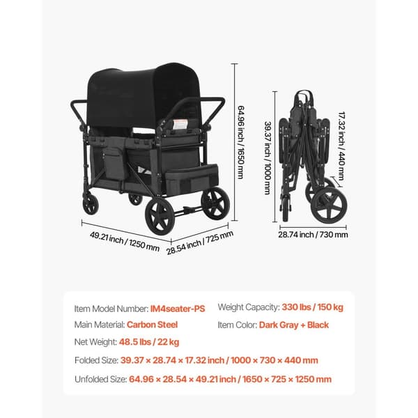 Fyrabarnsvagn Push Pull Quad, Hopfällbar Camping Barnvagn, 4-sätes vagnvagn