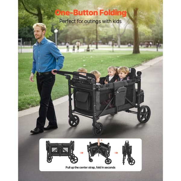 Fyrabarnsvagn Push Pull Quad, Hopfällbar Camping Barnvagn, 4-sätes vagnvagn