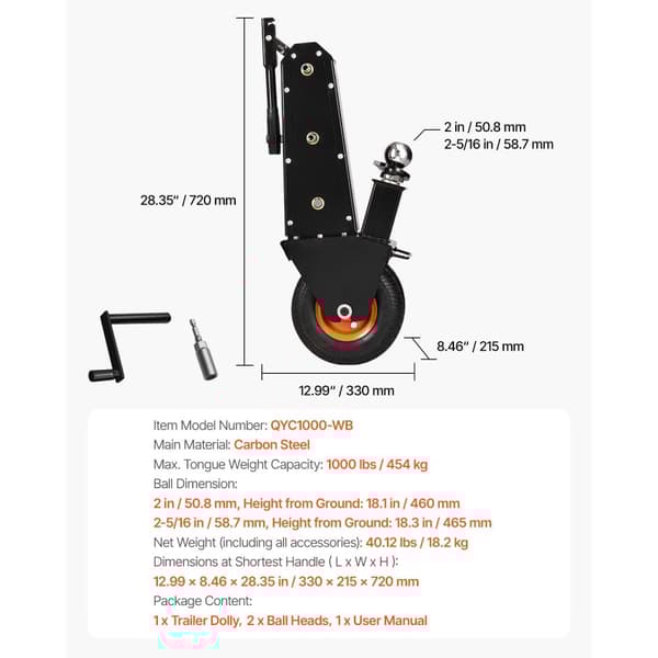 Trailer Dolly Mover, 1000lbs Vægtkapacitet, 2 og 2-5/16 i bolde