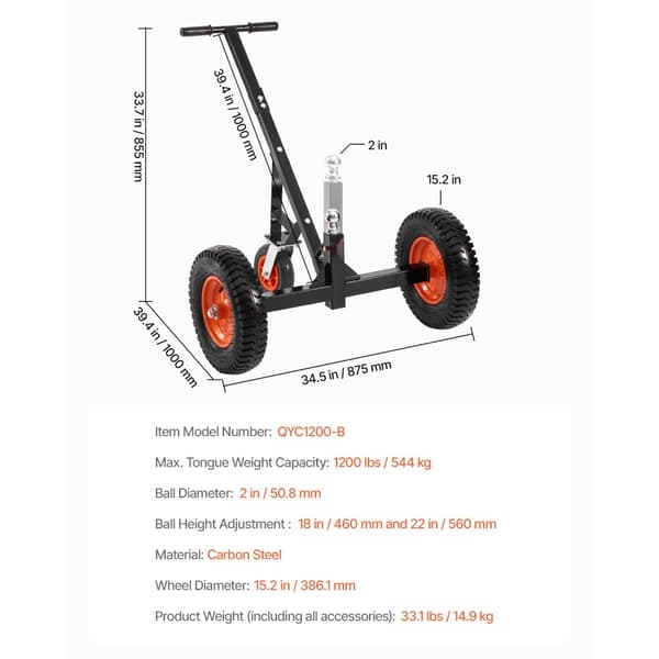 Släpvagnsdolly 1200lbs, 18 och 22 tum Justerbar Höjd, 2 tum Kula, 15,2 tum Däck