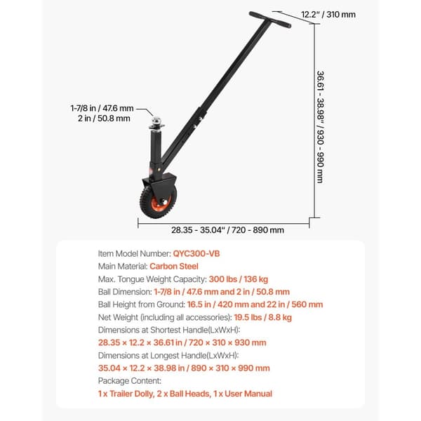Trailer Dolly Justerbar 300lbs, 16,5 og 22 tommer i højden, 1-7/8 og 2 tommer bolde