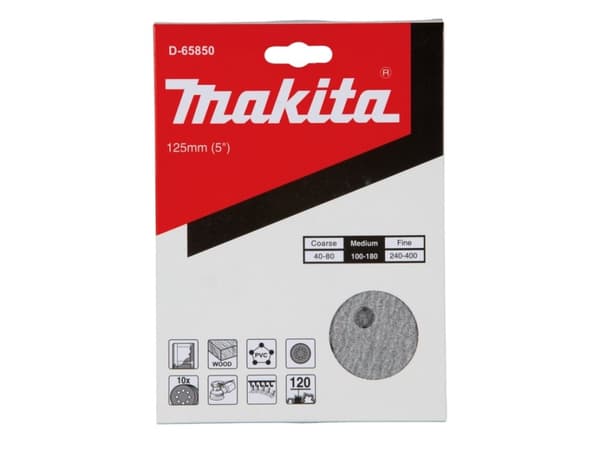 Makita - Sandpapper - för trä, polyvinylklorid (PVC), painted surfaces - 10 delar - rund - grus: 120 - 125 mm x 125 mm