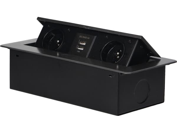 Orno Furniture-stikkontakter innfelt i bordplaten med flat frest kant og USB-lader, 2x2P+Z, 2xUSB, grafitt