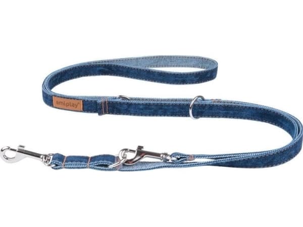 Amiplay Amiplay - 6 i 1 justerbar hundebånd, Jeans Denim, størrelse S, 100-200 cm x 1 cm, marineblå