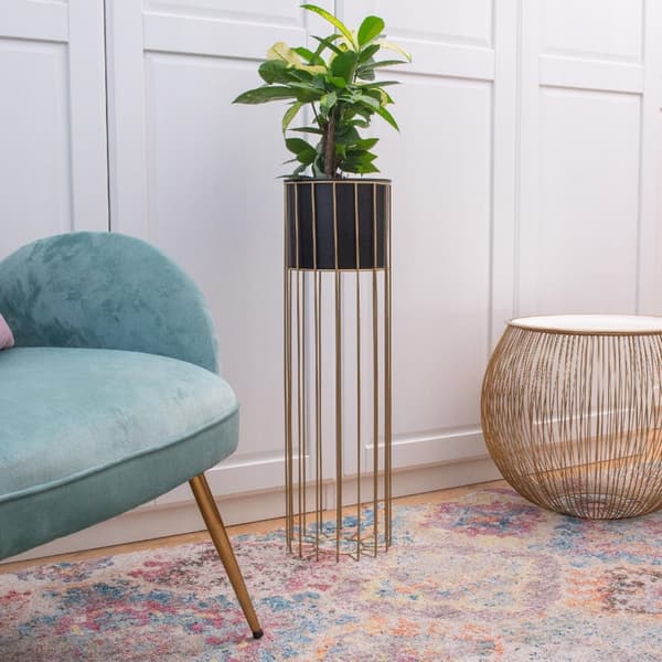 Stående blomsterstativ metall svart och guld trådloftstativ 70cm