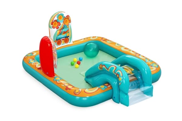Bestway RETRO uppblåsbar lekplats rutschkana + sprinkler + bollar 53164