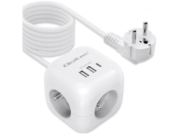 Qoltec 6in1-virtajatkokuutio valaistulla kytkimellä | 3x AC | 2x USB | 1x USB-C PD 20W | Valkoinen | 2m kaapeli | 2m kaapeli