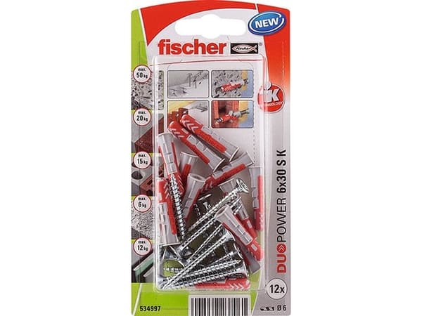 Fischer 534997, Kit med skruvar och ankare, Nylon, Grå, Röd, Pozidriv, PZ2, 6 mm