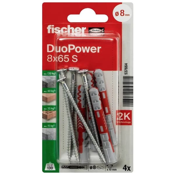 Fischer 537664, Kit med skruv och väggplugg, Tegel, Betong, 65 mm, 8 mm, 8,5 cm, 5 mm