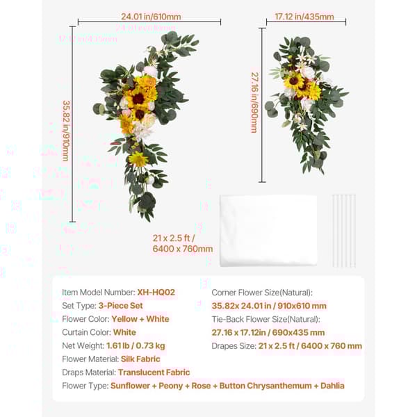 Kunstige Bryllupsbue Blomstersæt, Gul Sæt med 2 Blomster & 1 Draper, Perfekt til Dekoration