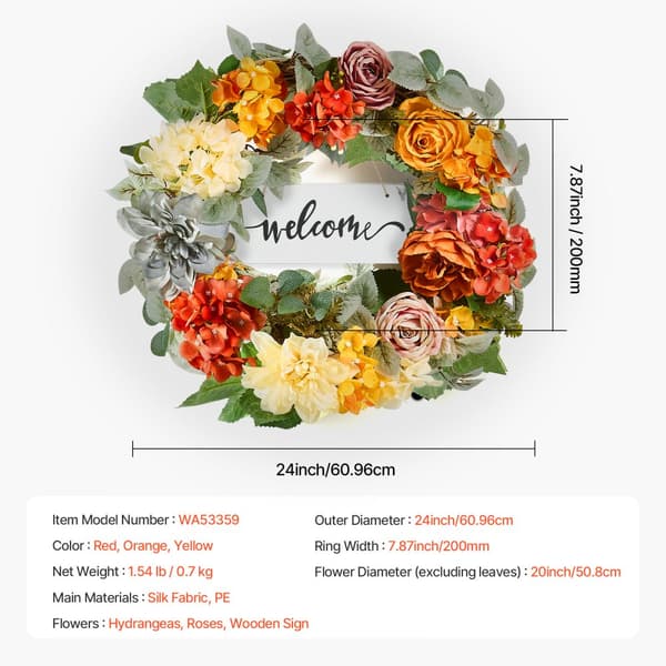 Kunstig Dekorativ Krans, 24, Rød/Orange/Gul Hortensia Roser, Perfekt til Indretning