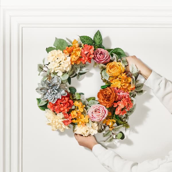 Kunstig Dekorativ Krans, 24, Rød/Orange/Gul Hortensia Roser, Perfekt til Indretning