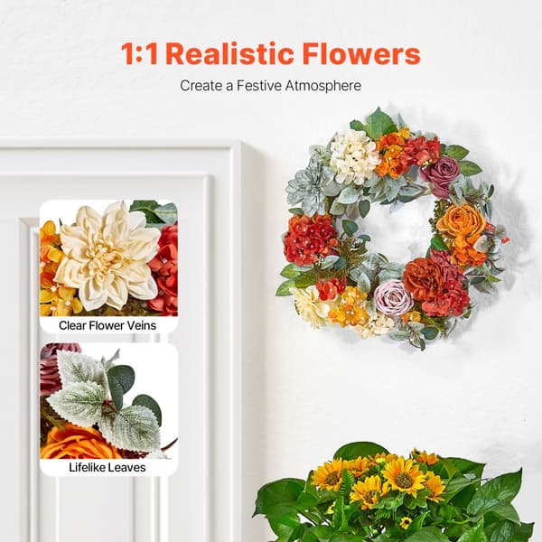 Kunstig Dekorativ Krans, 24, Rød/Orange/Gul Hortensia Roser, Perfekt til Indretning