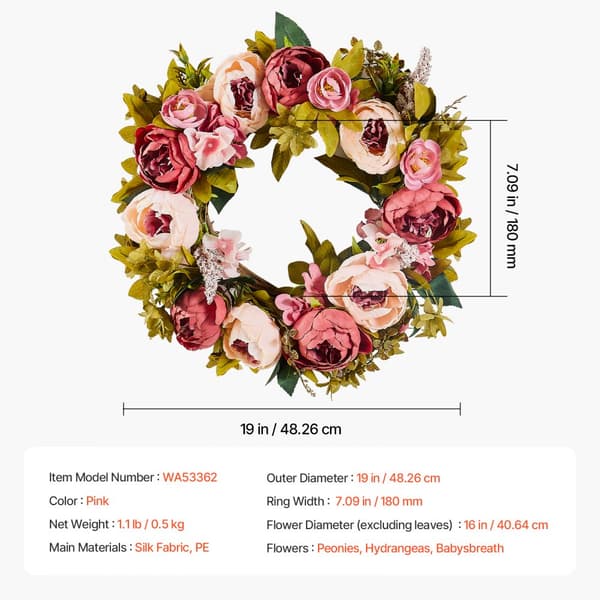 Kunstig Krans, Dekorativ 19 i lyserøde pæoner hortensia, Perfekt året rundt
