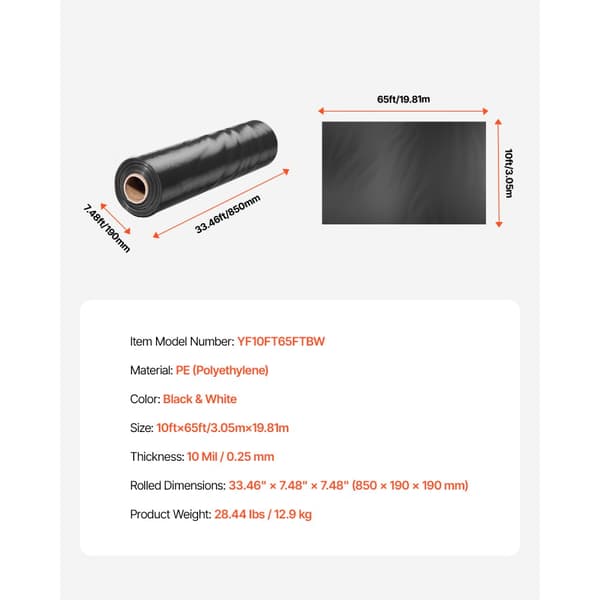 10Mil Plastfolierulle, 10 x 65 FT, Heavy Duty Film, Sort/Hvid