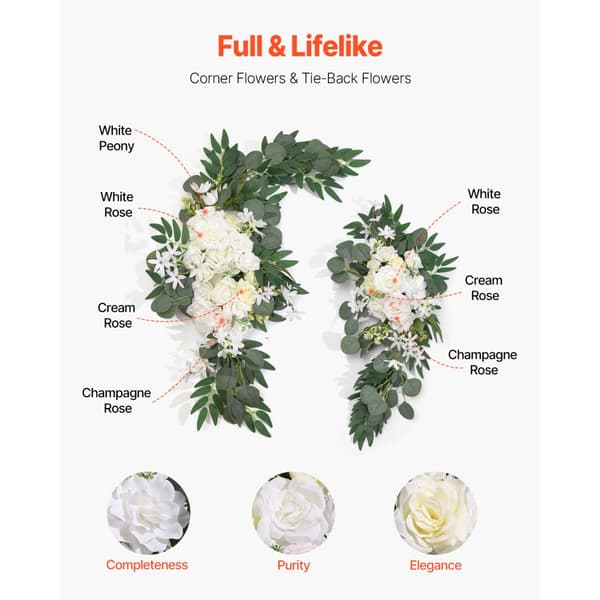 Kunstig Bryllupsbue Blomster Kit, Hvid, Inklusiv 2 Stk Blomster og 1 Stk Draperi