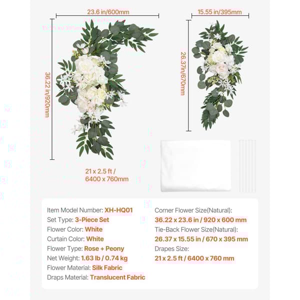 Kunstig Bryllupsbue Blomster Kit, Hvid, Inklusiv 2 Stk Blomster og 1 Stk Draperi