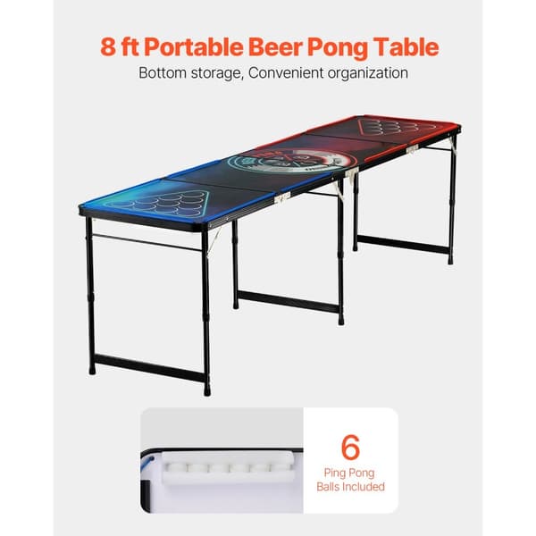 2,4 m Kannettava Beer Pong Pöytä, LED-valaistus, Kätevä Kantokahva, Takaluukun Juhlapeli