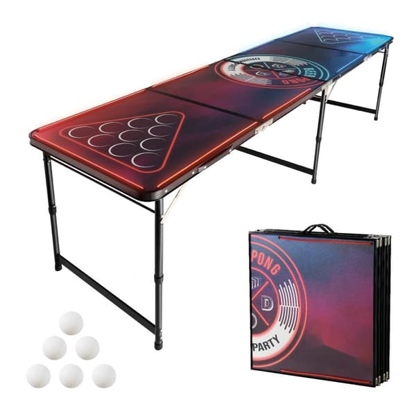 2,4 m Bærbart Beer Pong Bord, Bagklap Party Spil, LED Lys, Indbygget Bærehåndtag