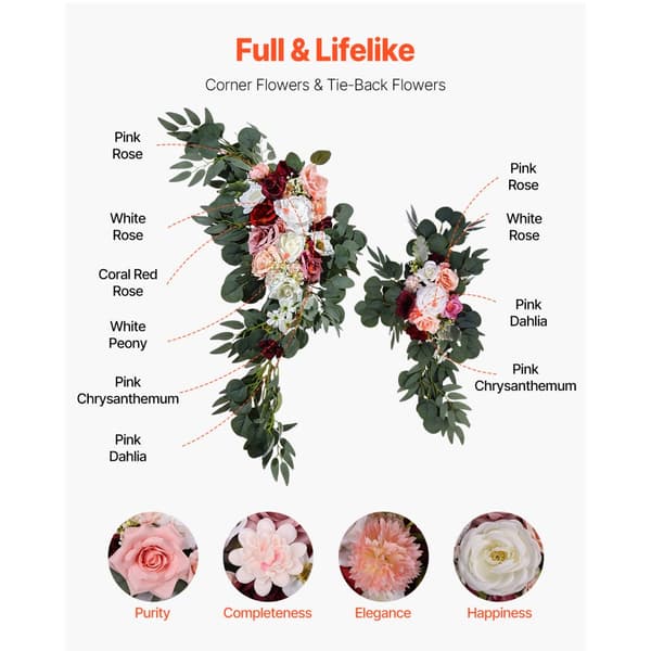 Kunstige Bryllupsbue Blomster Kit, Pink, Inkluderer 2 Stk Blomster, 2 Stk Draperinger