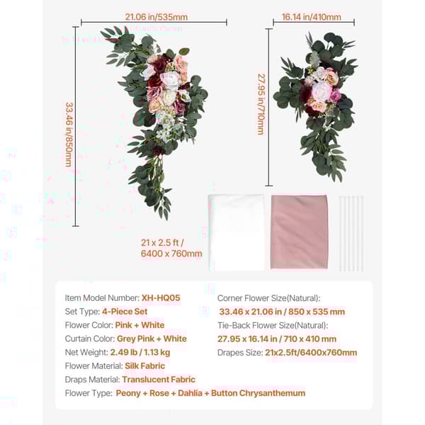 Kunstige Bryllupsbue Blomster Kit, Pink, Inkluderer 2 Stk Blomster, 2 Stk Draperinger