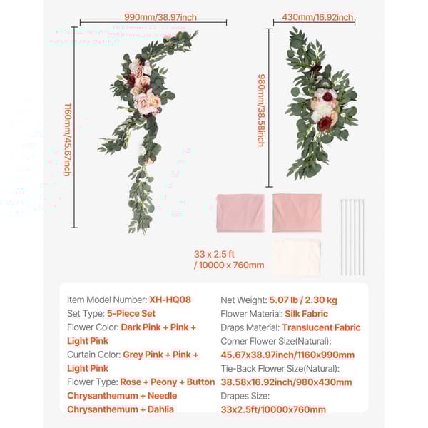 Kunstige Bryllupsbue Blomsterkit, Pink, Med 2 Stk Blomster & 3 Stk Draperier