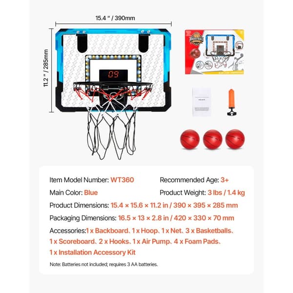 Børnebasketballkurv, LED-Lys og Lyd Scoretavle, Indendørs Basketballkurv, Justerbar Højde, Let Montage