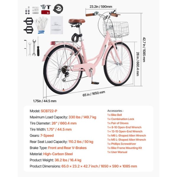 26-tommer Cruisercykel, 7-hastighed Pink Beach Cruiser, med Kurv