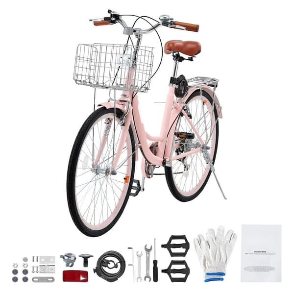 26-tommer Cruisercykel, 7-hastighed Pink Beach Cruiser, med Kurv