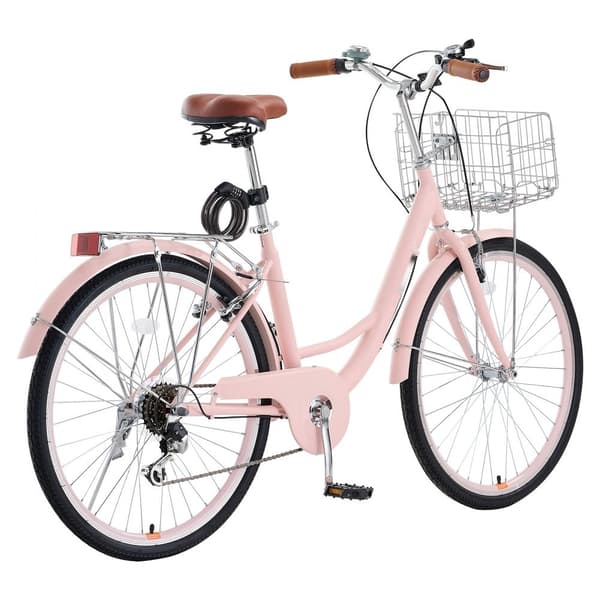 26-tommer Cruisercykel, 7-hastighed Pink Beach Cruiser, med Kurv