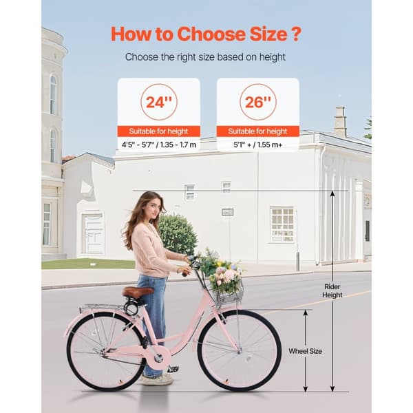 26-Tommer Cruisercykel 1-Gear, Pink Strand Cruiser Cykel med Kurv
