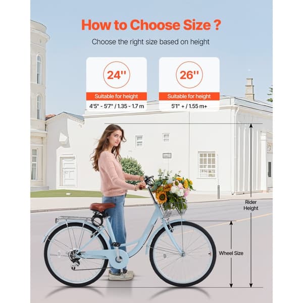 26-tuumainen Rantaristeilijä Cruiser Bike, 7-vaihteinen, vaaleansininen, korilla