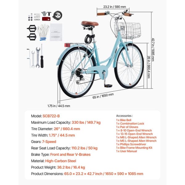 26-tuumainen Rantaristeilijä Cruiser Bike, 7-vaihteinen, vaaleansininen, korilla