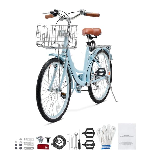 26-tuumainen Rantaristeilijä Cruiser Bike, 7-vaihteinen, vaaleansininen, korilla