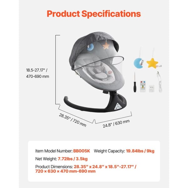 Spädbarnsbabygunga, 3 Sätespositioner, 5 Hastigheter, Fjärrkontroll, Bluetooth