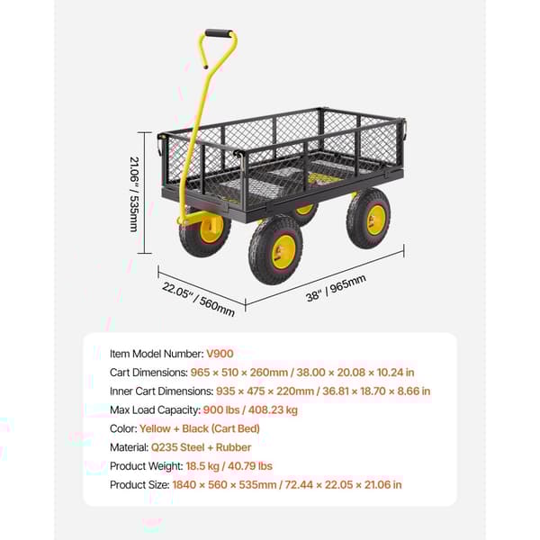 Stål Havevogn, 900lb Kapacitets, Heavy Duty Gårdsvogn, 10 tommer Dæk, Robust og Effektivt Design