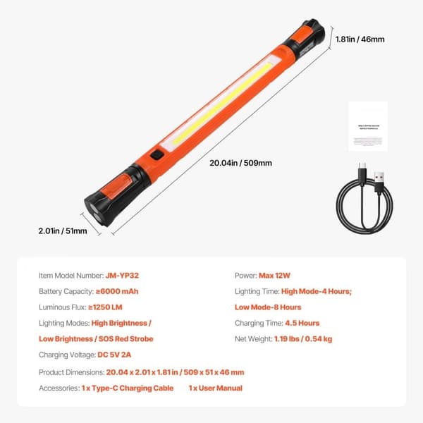 Underhuv Arbetsljus, 1250LM LED, Magnetisk och Uppladdningsbar, 6000mAh Batterikapacitet