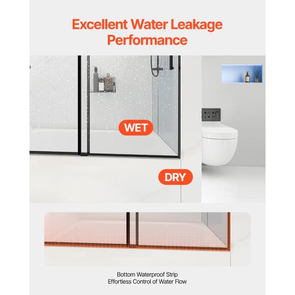 Rammeløs Skydedør til Badekar, 56-60 in.B x 60 in.H, Rammeløs Brusedør, Robust Design, Let Installation