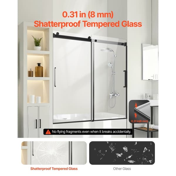 Rammeløs Skydedør til Badekar, 56-60 in.B x 60 in.H, Rammeløs Brusedør, Robust Design, Let Installation