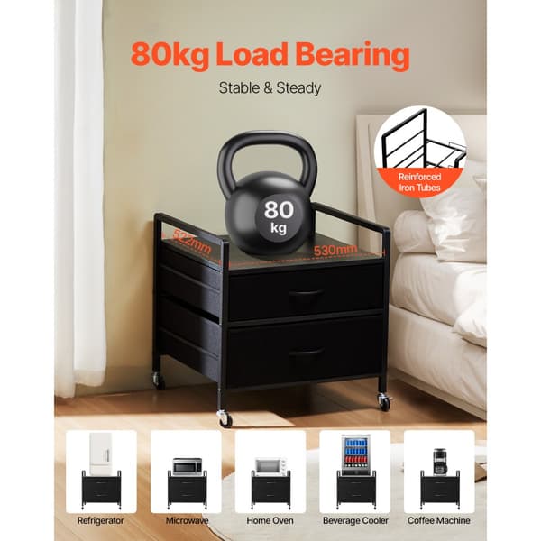 Mini Kylskåp Stativ, Svart Förvaringsbord, 2 Lådor, Bärkapacitet 80 Kg